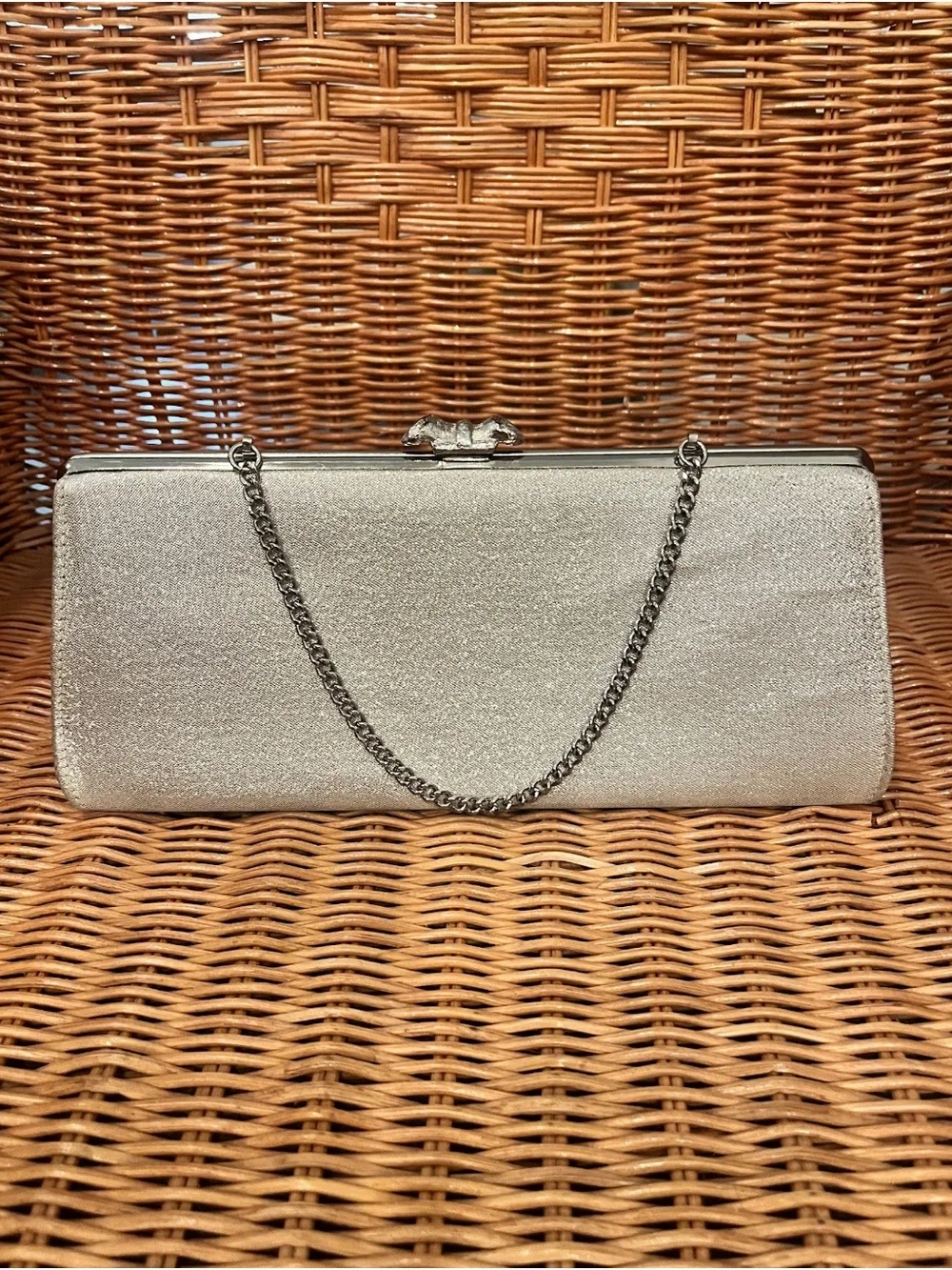 Metallic Silver Clutch with Croissant Motif